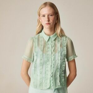 New J.CREW Sheer Ruffle-Trim Button-Up Top in Green Blue Mixy $128 CK049